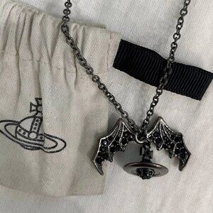 Vivienne Westwood Black Gunmetal Bat Wing & Saturn Orb NANA Pendant Necklace